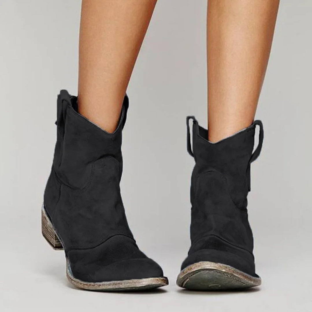 Women's Black Ankle Boots with Western Pull Tabs and Block Heel