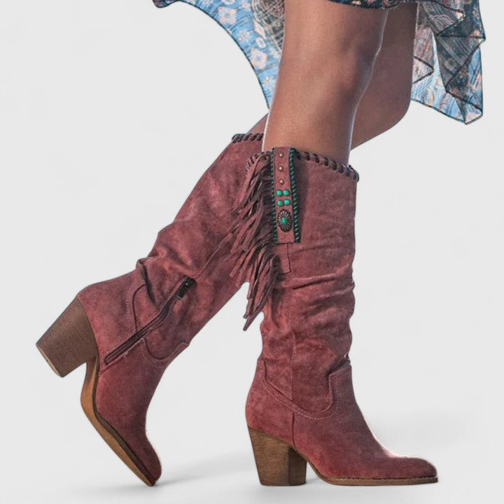 Women's Boots with Mid Calf Shaft and Fringe Detail