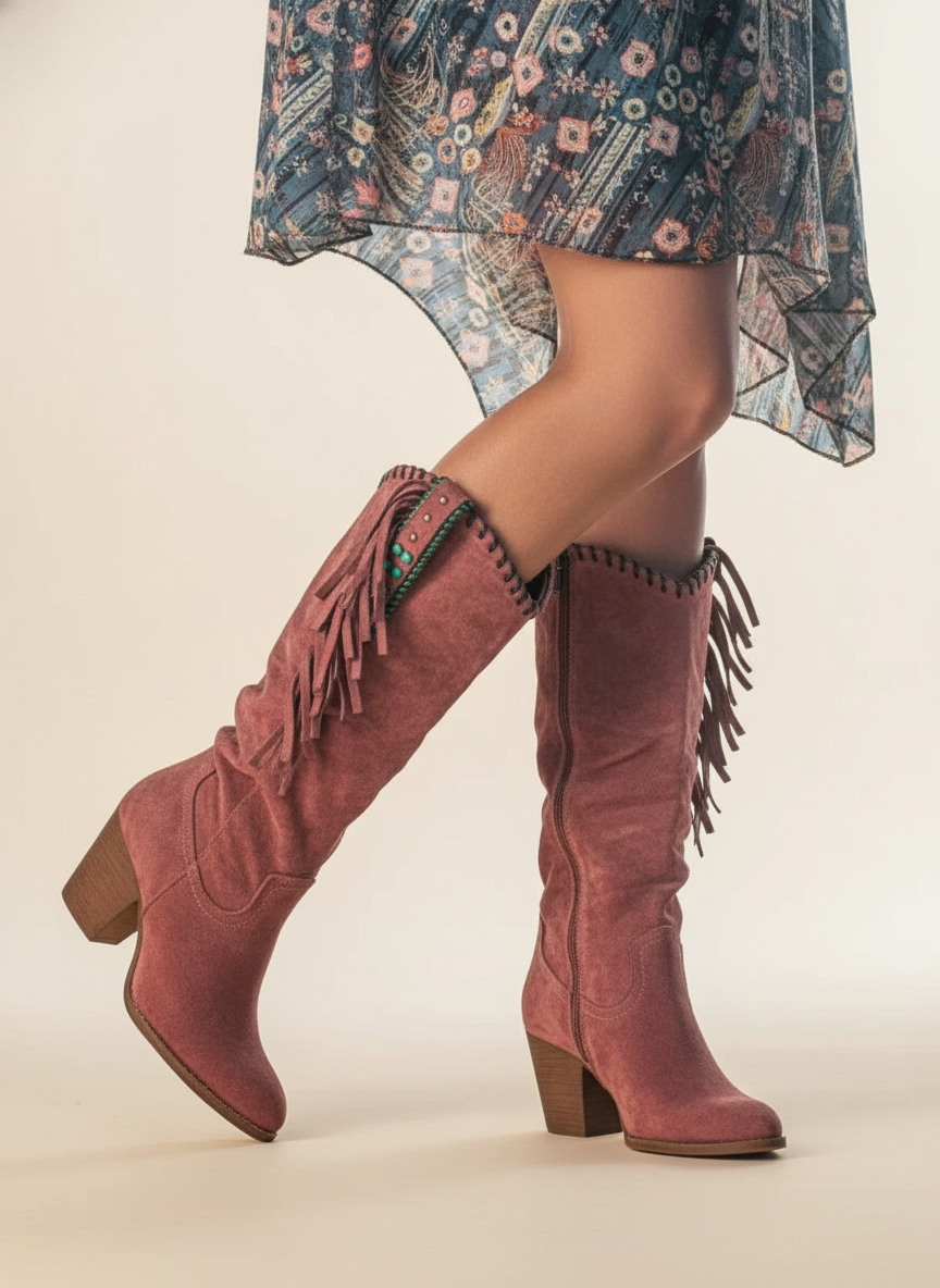 Women's Boots with Mid Calf Shaft and Fringe Detail