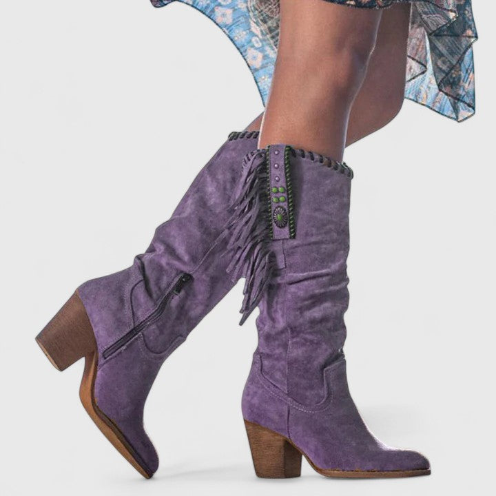 Women's Boots with Mid Calf Shaft and Fringe Detail