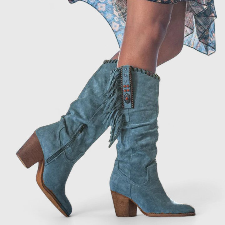 Women's Boots with Mid Calf Shaft and Fringe Detail