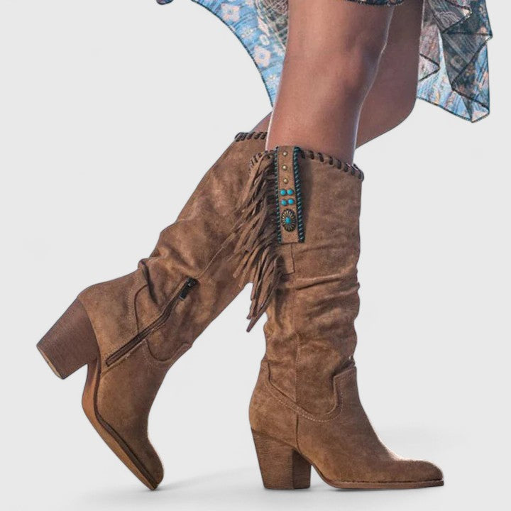 Women's Boots with Mid Calf Shaft and Fringe Detail