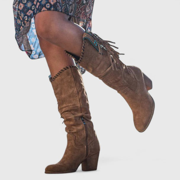 Women's Boots with Mid Calf Shaft and Fringe Detail
