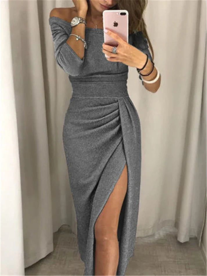 Women's Cocktail Dress with Off-Shoulder Design and High Slit Detail
