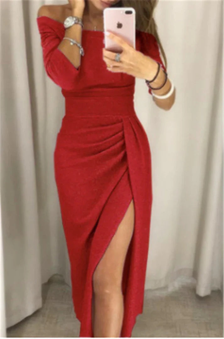 Women's Cocktail Dress with Off-Shoulder Design and High Slit Detail