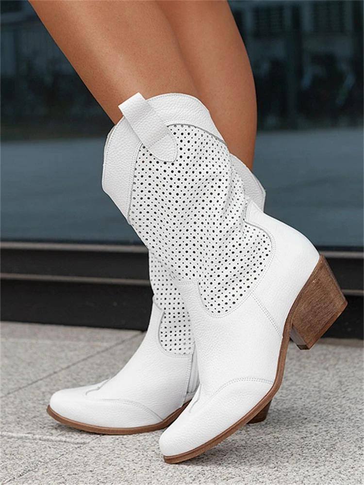 Women's Cowgirl Boots with Perforated Design and Block Heel