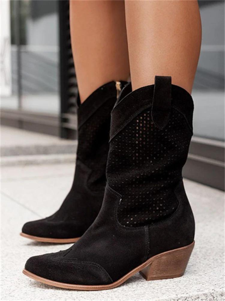 Women's Cowgirl Boots with Perforated Design and Block Heel