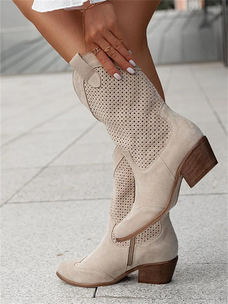 Women's Cowgirl Boots with Perforated Design and Block Heel