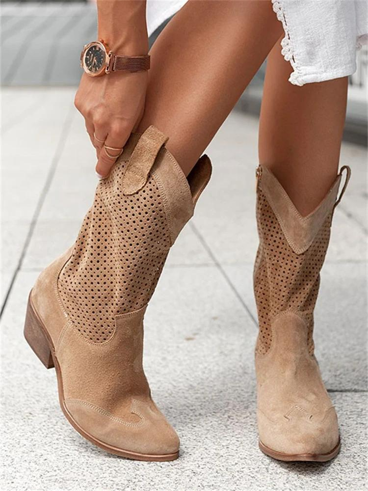 Women's Cowgirl Boots with Perforated Design and Block Heel
