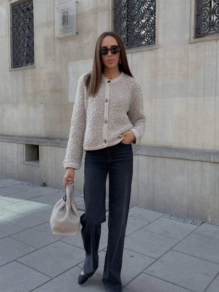 Oversize női teddy dzseki vintage elülső gombokkal és kellemes melegséggel
