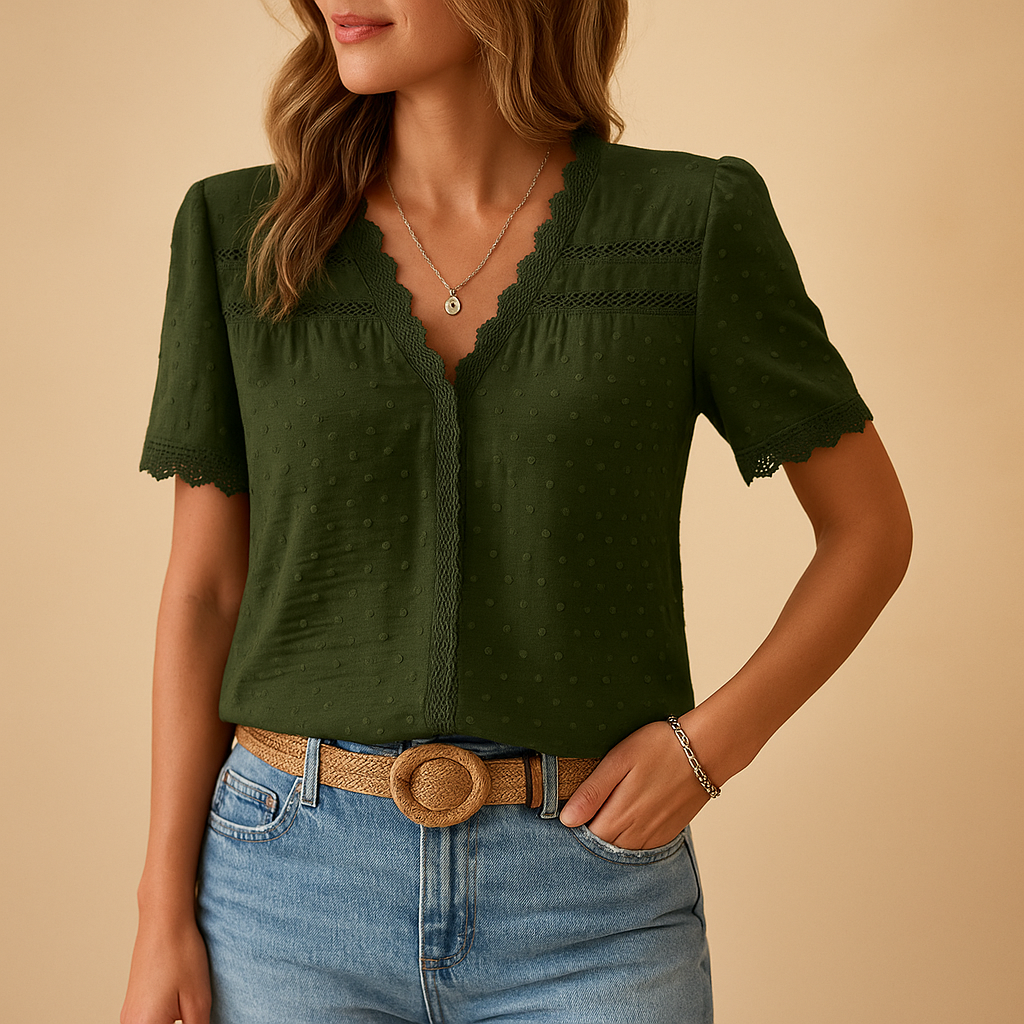 Chemisier pour femme à col en V, bordure en dentelle et manches courtes