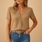 Chemisier pour femme à col en V, bordure en dentelle et manches courtes