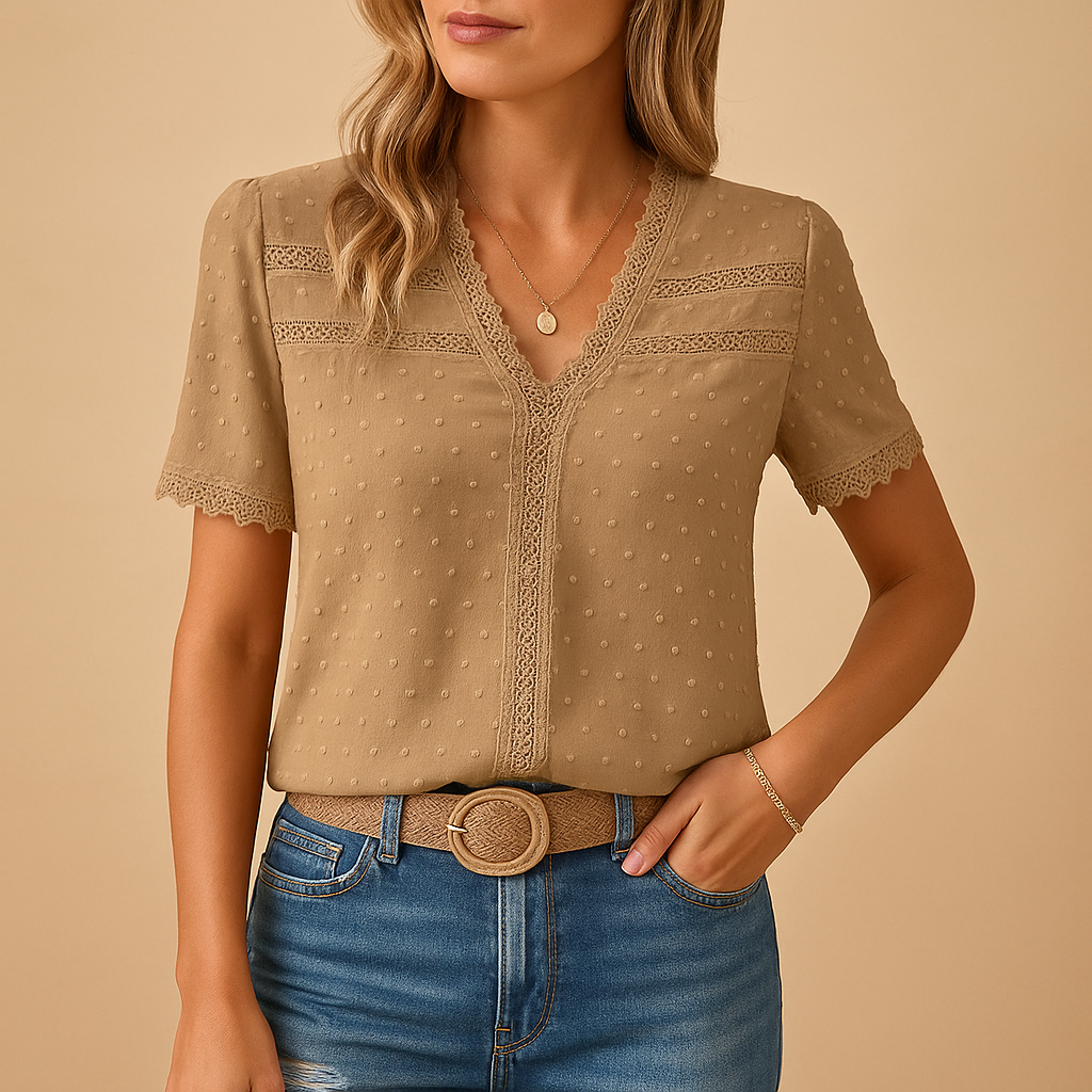 Chemisier pour femme à col en V, bordure en dentelle et manches courtes