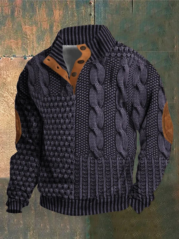Men's Textured Cable Knit Sweater with Button Placket and Elbow Patches