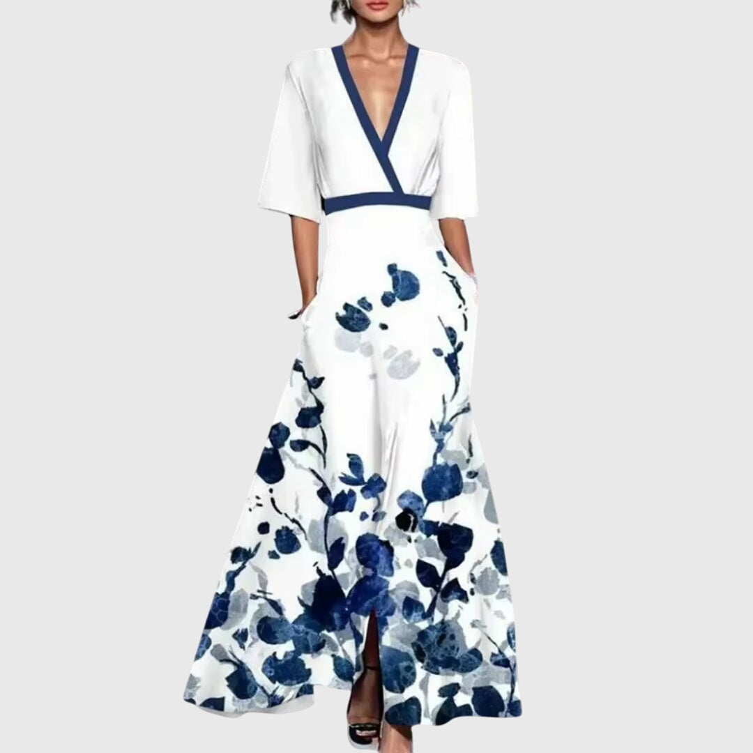 Robe maxi fleurie pour femmes, style printanier élégant à col en V