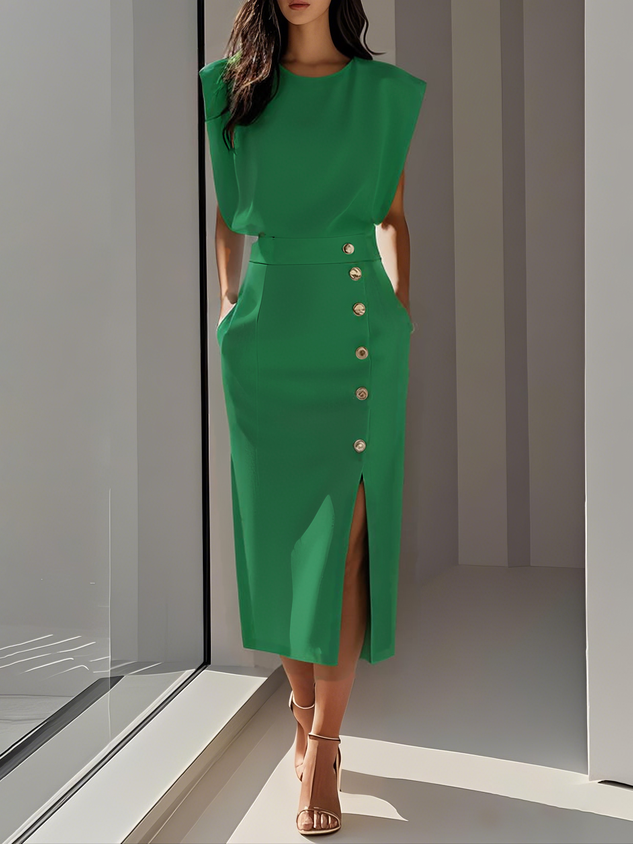 Robe midi sans manches pour femme, élégante avec boutons latéraux