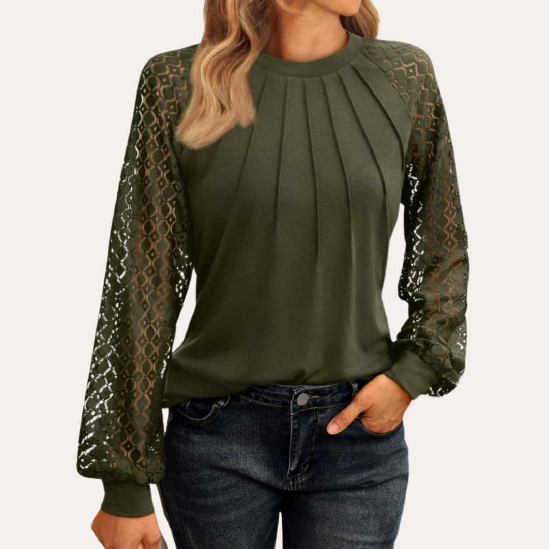 Blouse élégante pour femme à encolure plissée et manches en dentelle transparente pour un look chic