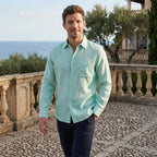 Chemise homme vert menthe à manches longues avec poche poitrine boutonnée