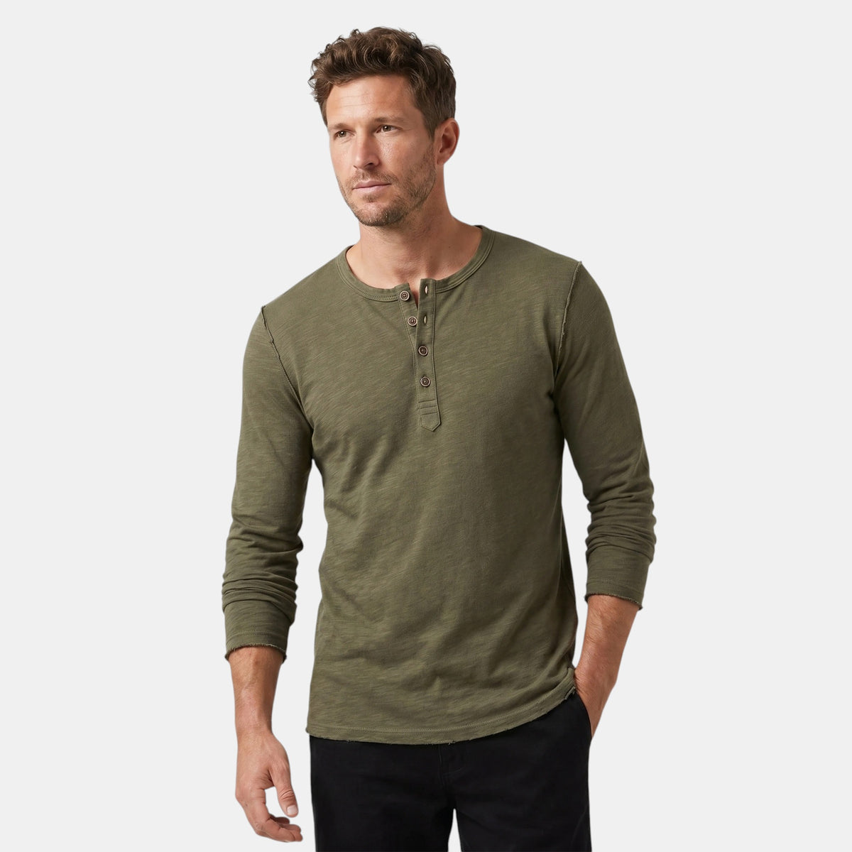 Chemise Henley à manches longues pour homme avec patte de boutonnage