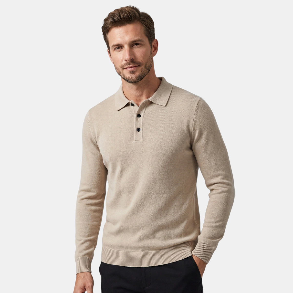 Pull polo manches longues pour homme avec col boutonné