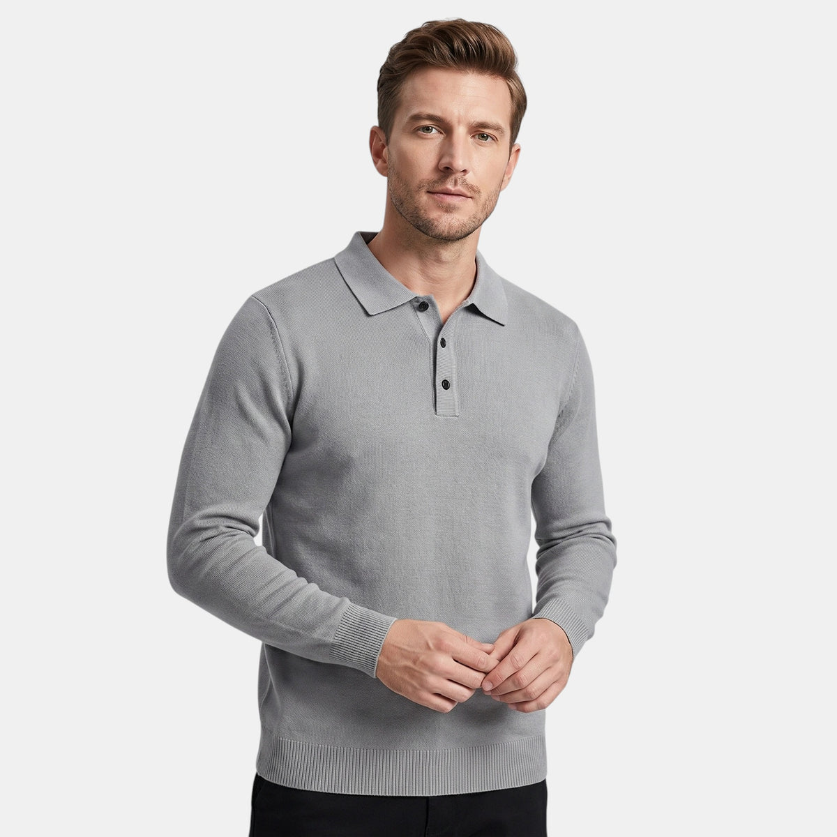 Pull polo manches longues pour homme avec col boutonné