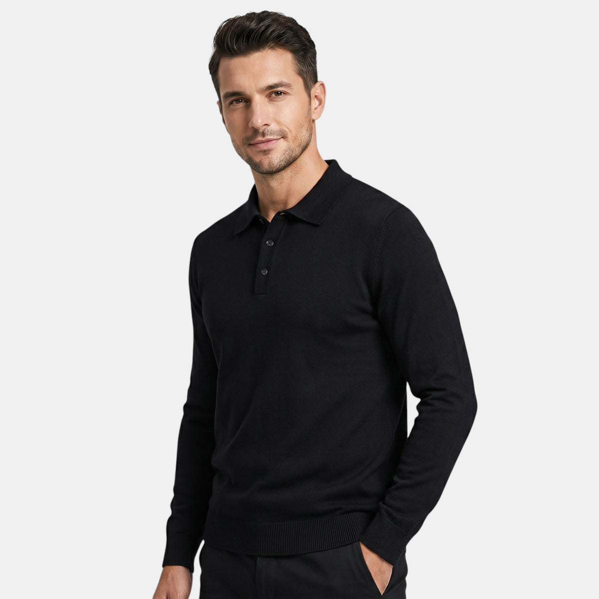 Pull polo manches longues pour homme avec col boutonné