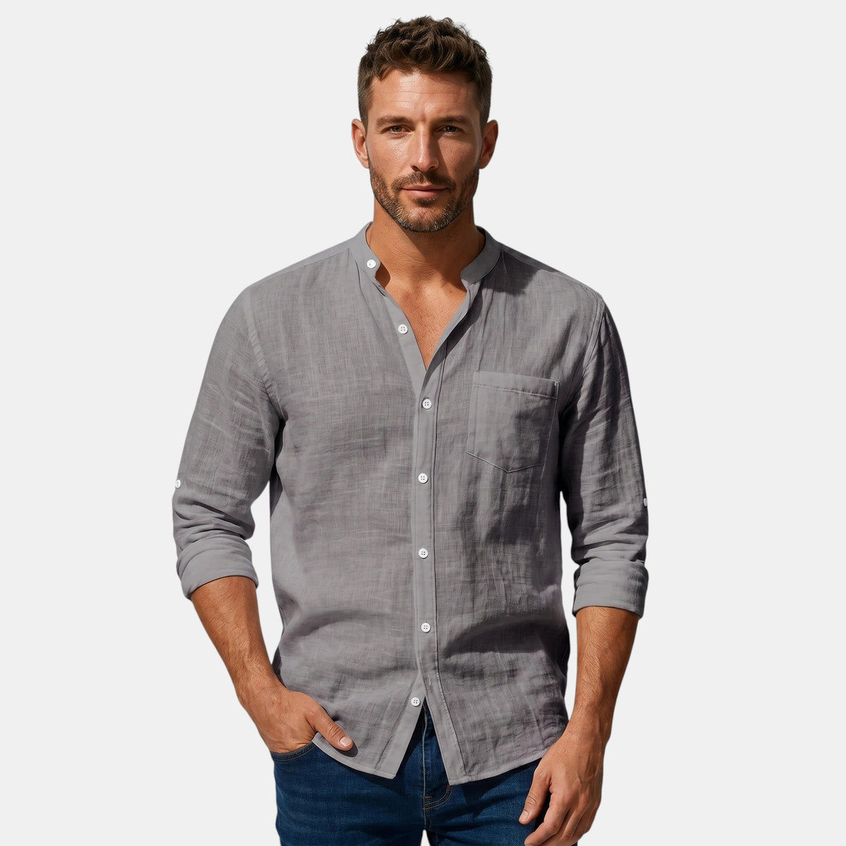Chemise à manches longues pour homme avec col montant