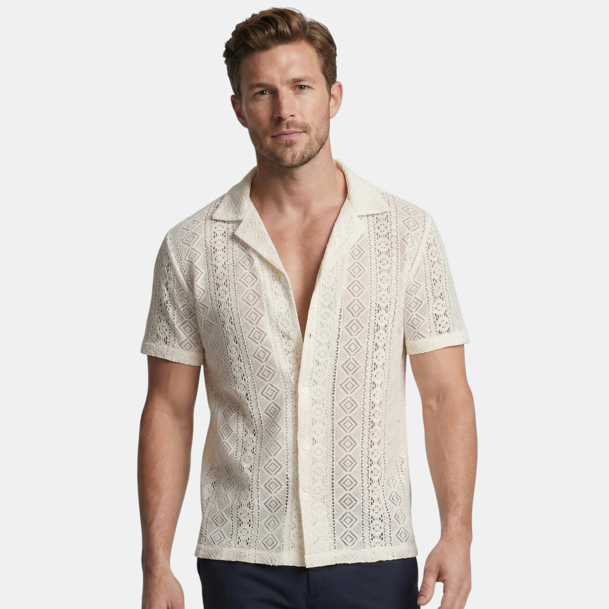 Chemise de villégiature à manches courtes pour homme avec col ouvert