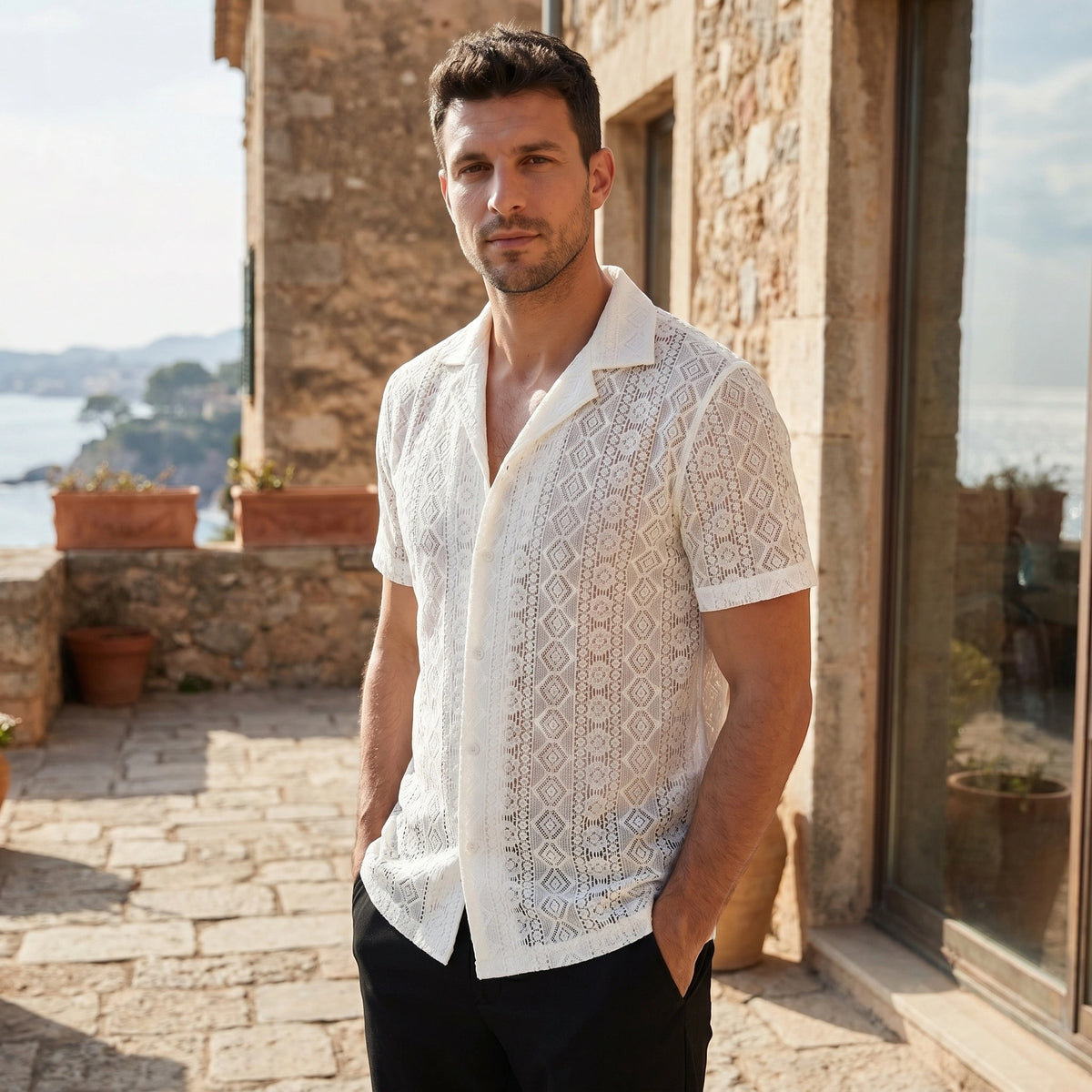 Chemise de villégiature à manches courtes pour homme avec col ouvert