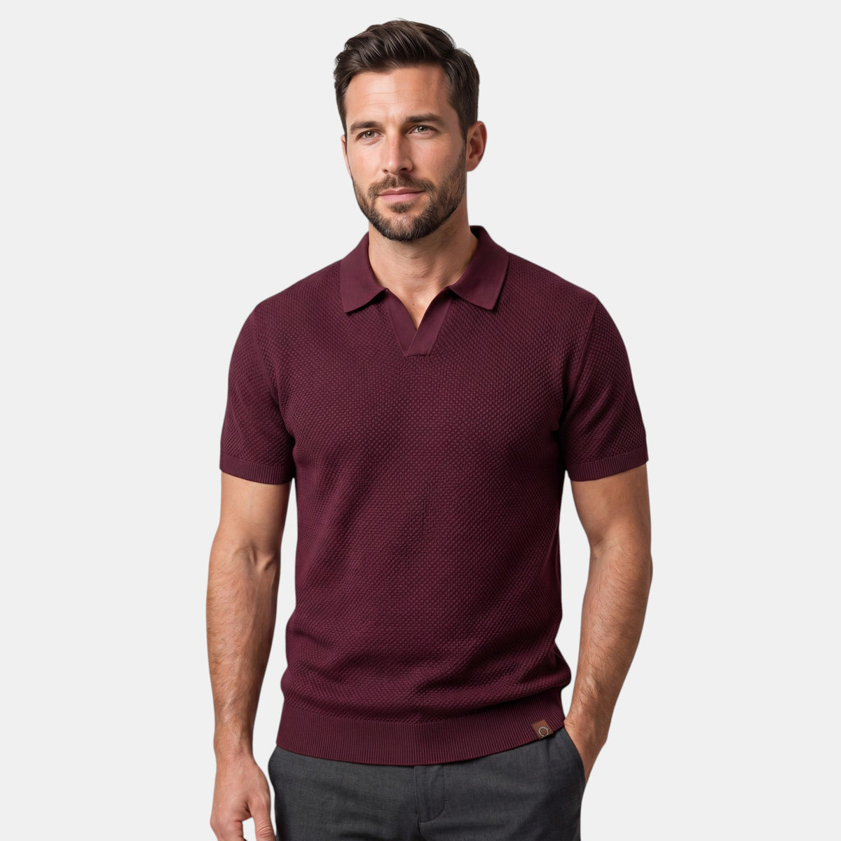 Men's Textured Knit Polo with V Neck Collar
