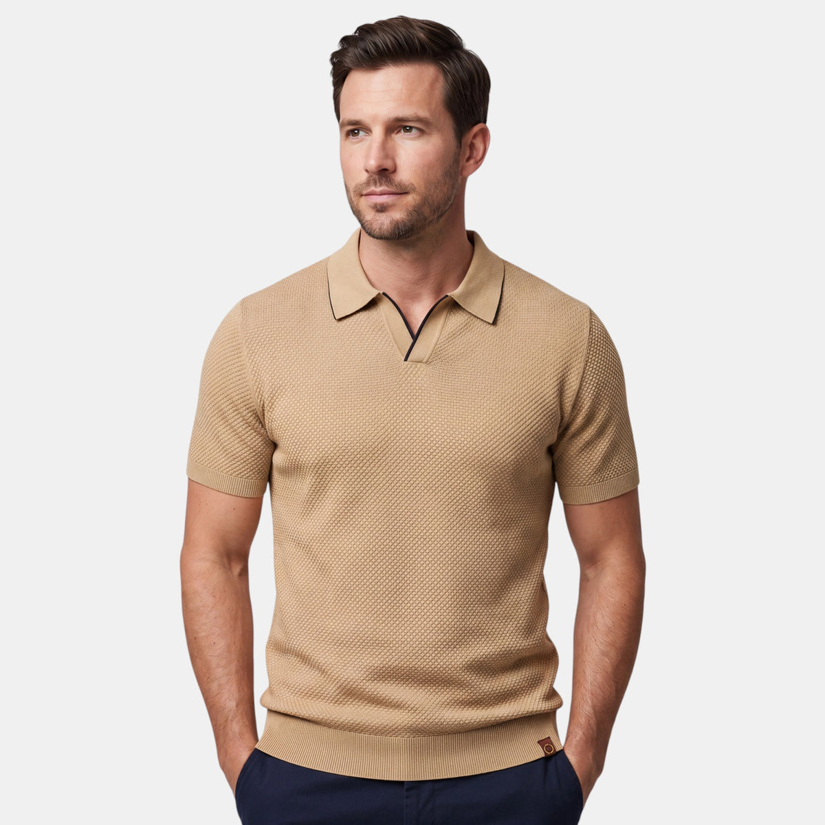 Men's Textured Knit Polo with V Neck Collar