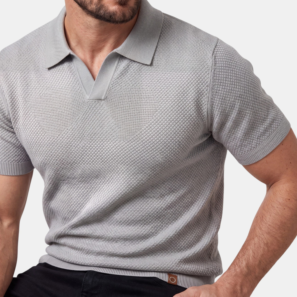 Men's Textured Knit Polo with V Neck Collar