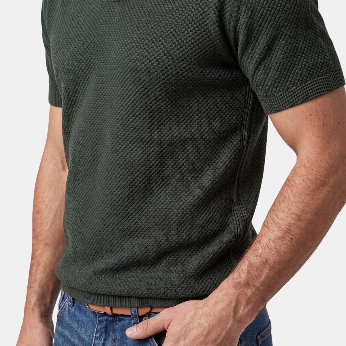 Men's Textured Knit Polo with V Neck Collar