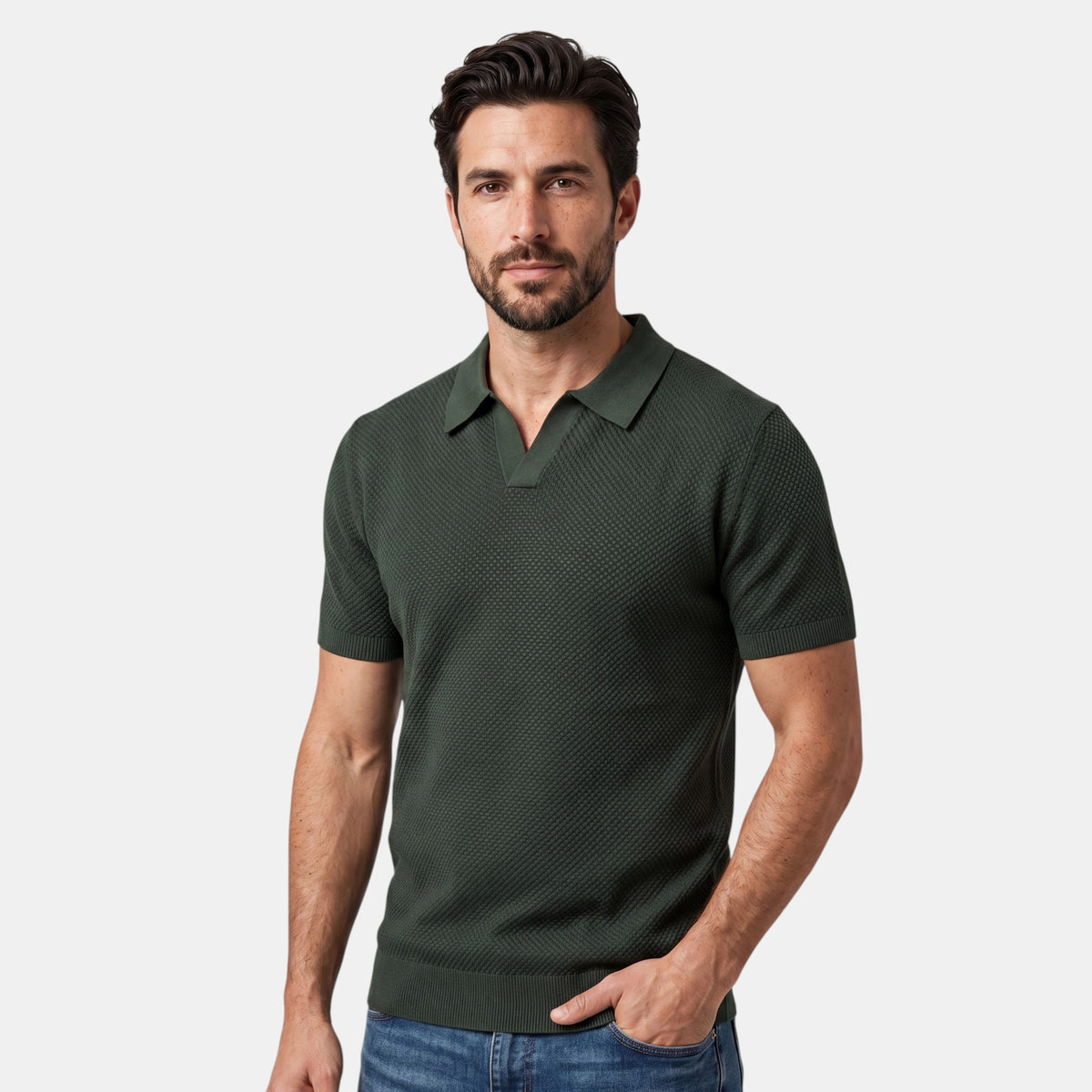 Men's Textured Knit Polo with V Neck Collar