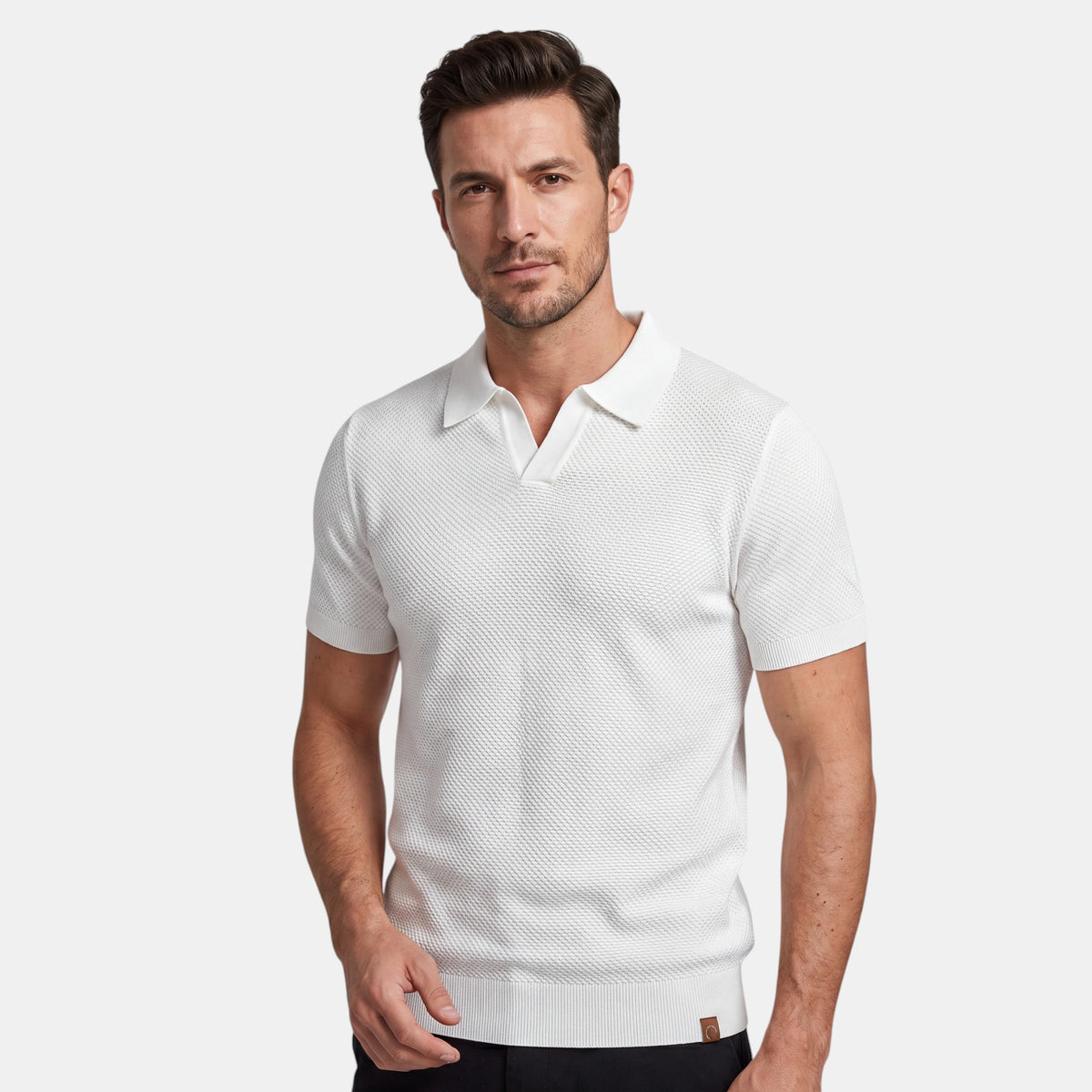 Men's Textured Knit Polo with V Neck Collar