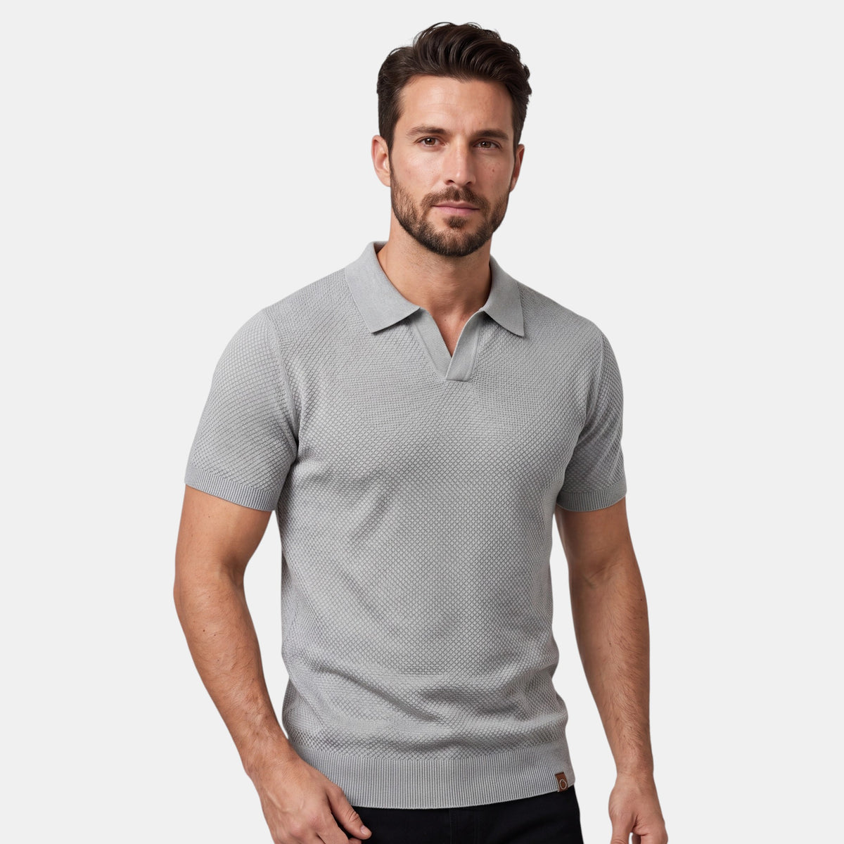 Men's Textured Knit Polo with V Neck Collar