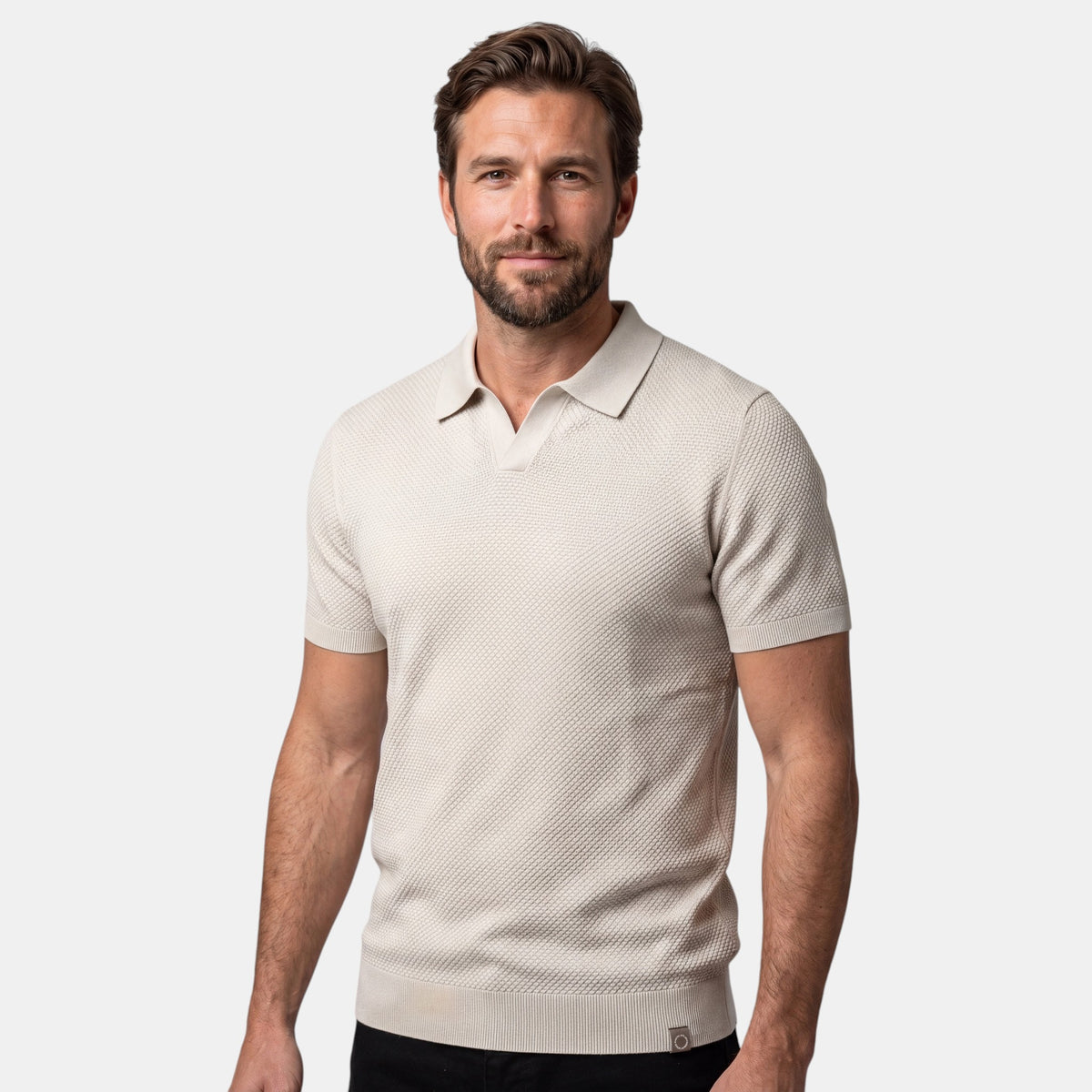Men's Textured Knit Polo with V Neck Collar