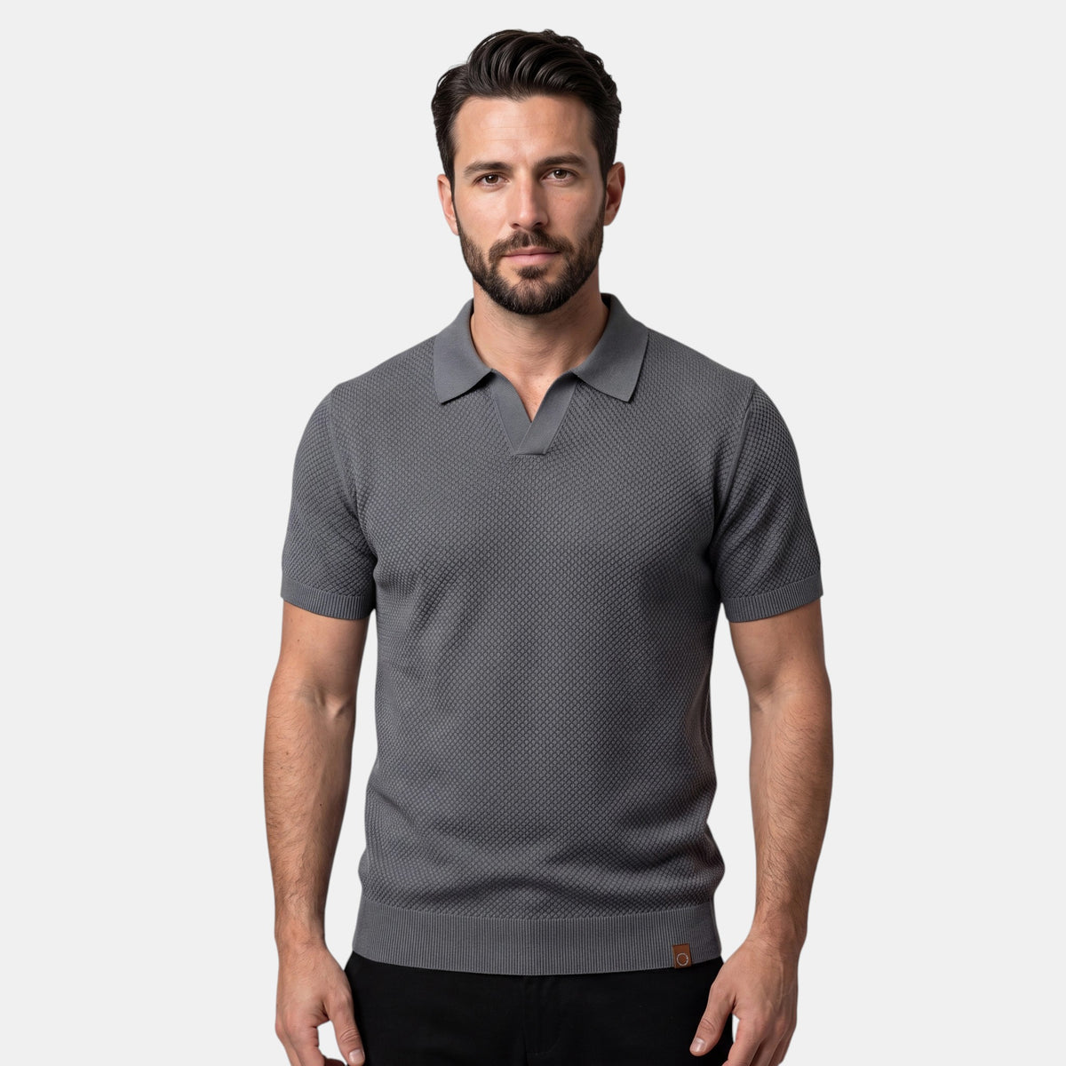 Men's Textured Knit Polo with V Neck Collar