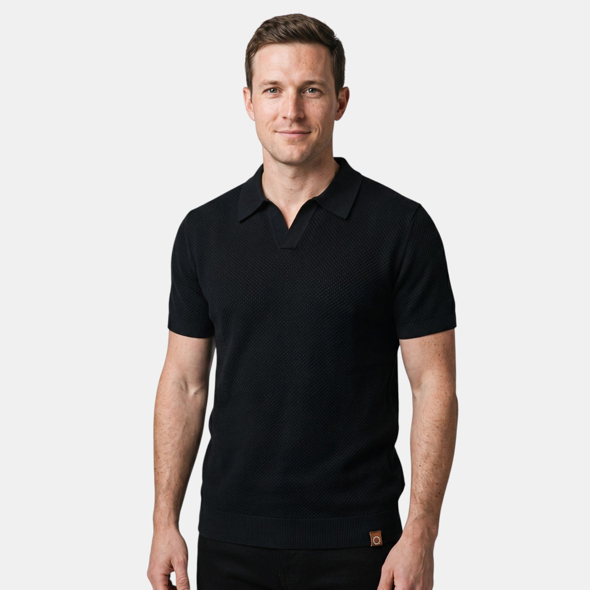 Men's Textured Knit Polo with V Neck Collar