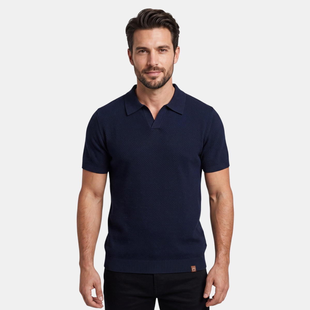 Men's Textured Knit Polo with V Neck Collar