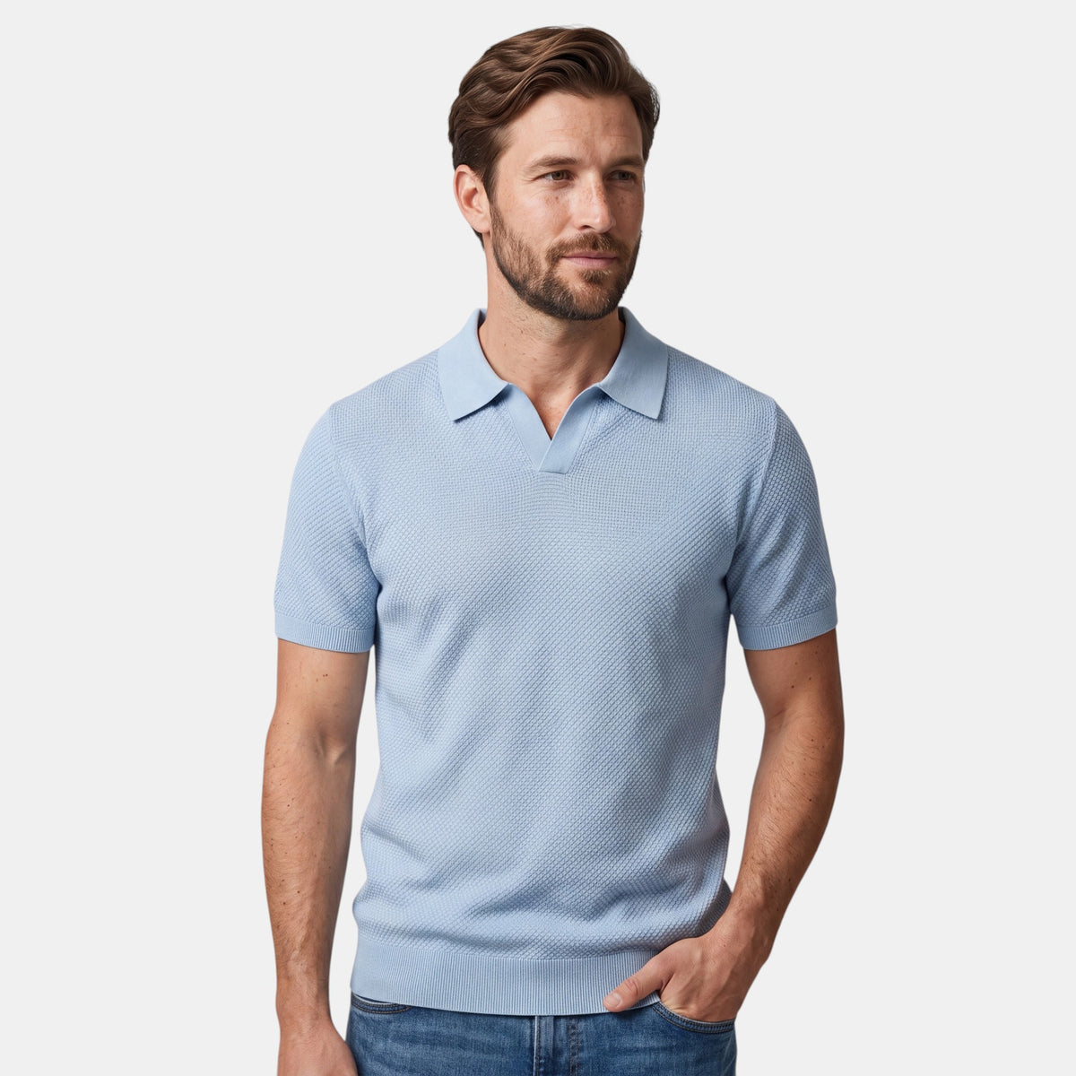 Men's Textured Knit Polo with V Neck Collar