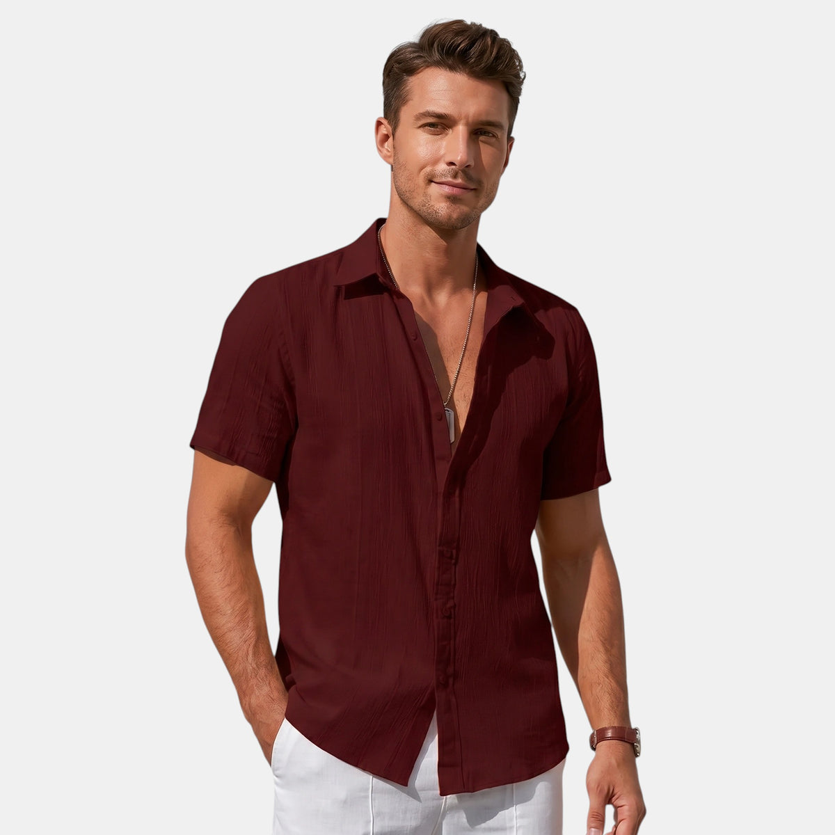 Men's Textured Short Sleeve Shirt with Button Front
