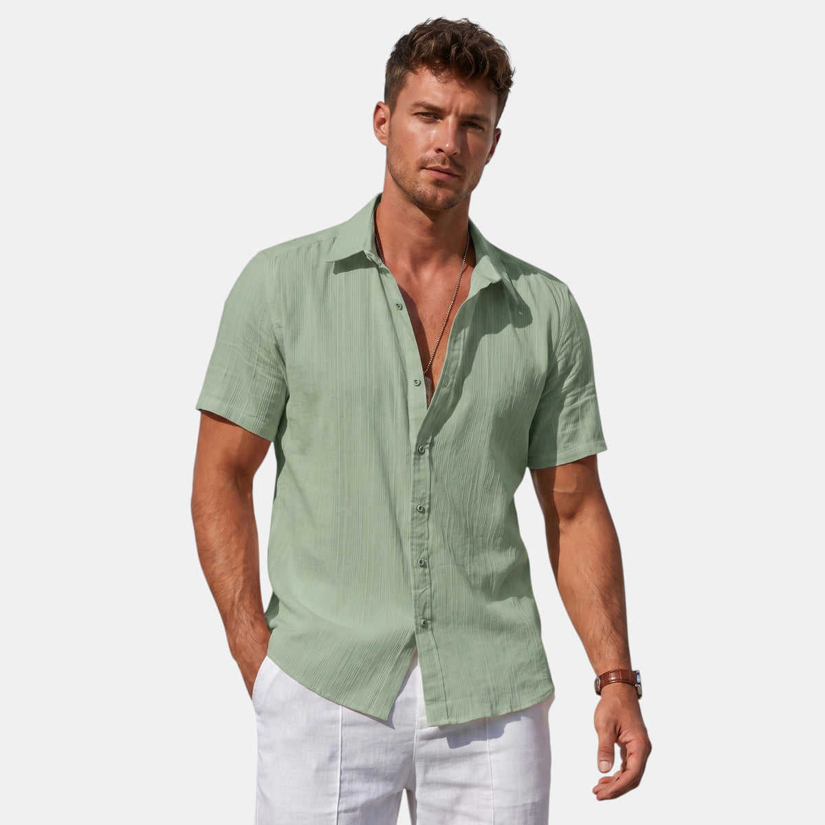 Men's Textured Short Sleeve Shirt with Button Front
