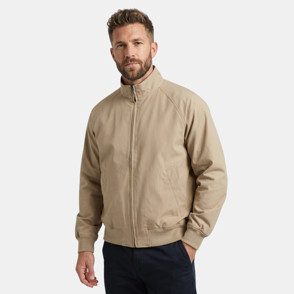 Men's Zip Front Blouson Jacket with Stand Collar