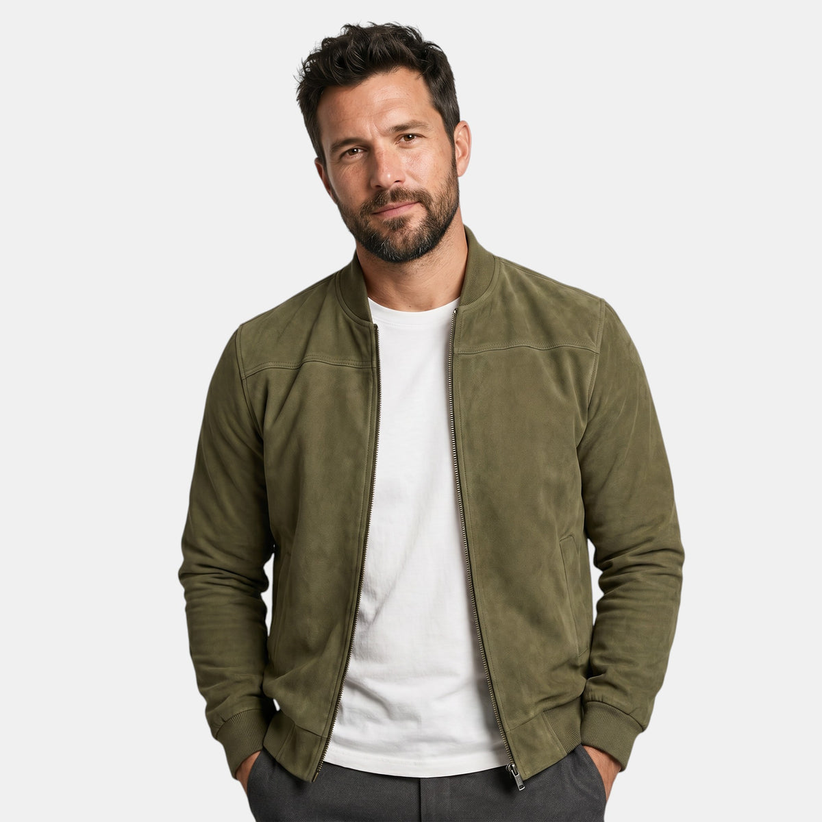 Men's Zip Front Bomber Jacket with Stand Collar