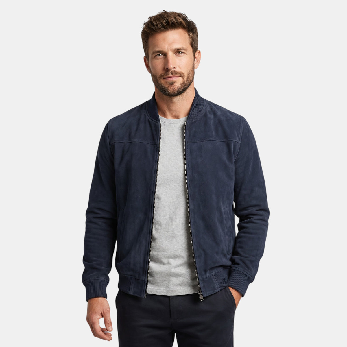 Men's Zip Front Bomber Jacket with Stand Collar