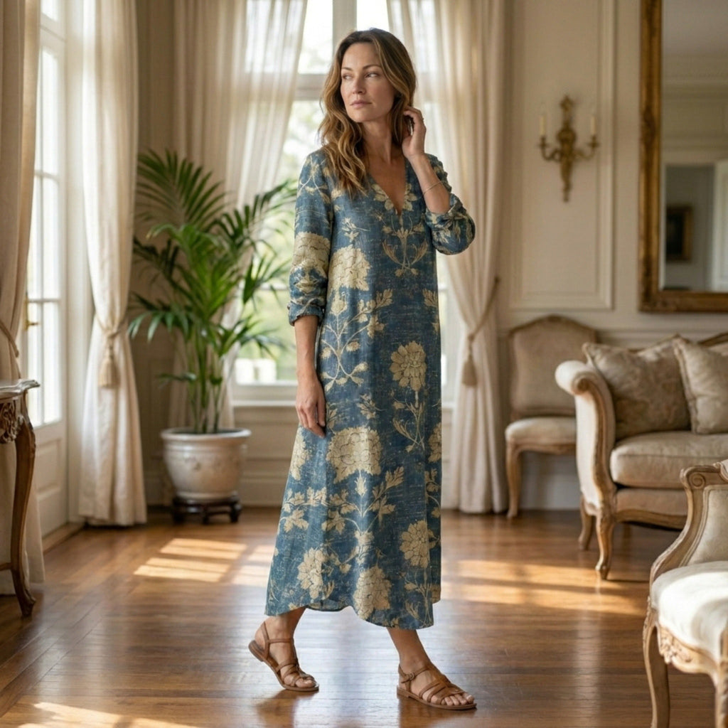 Robe maxi florale bleue pour femmes, coupe décontractée élégante