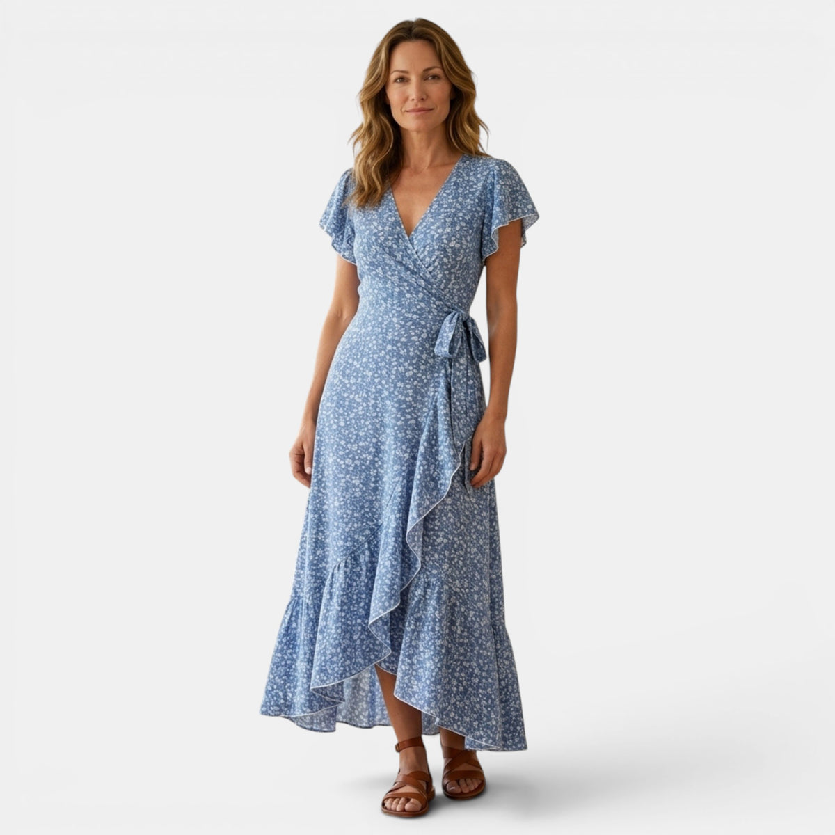 Robe midi florale pour femmes, style portefeuille élégant