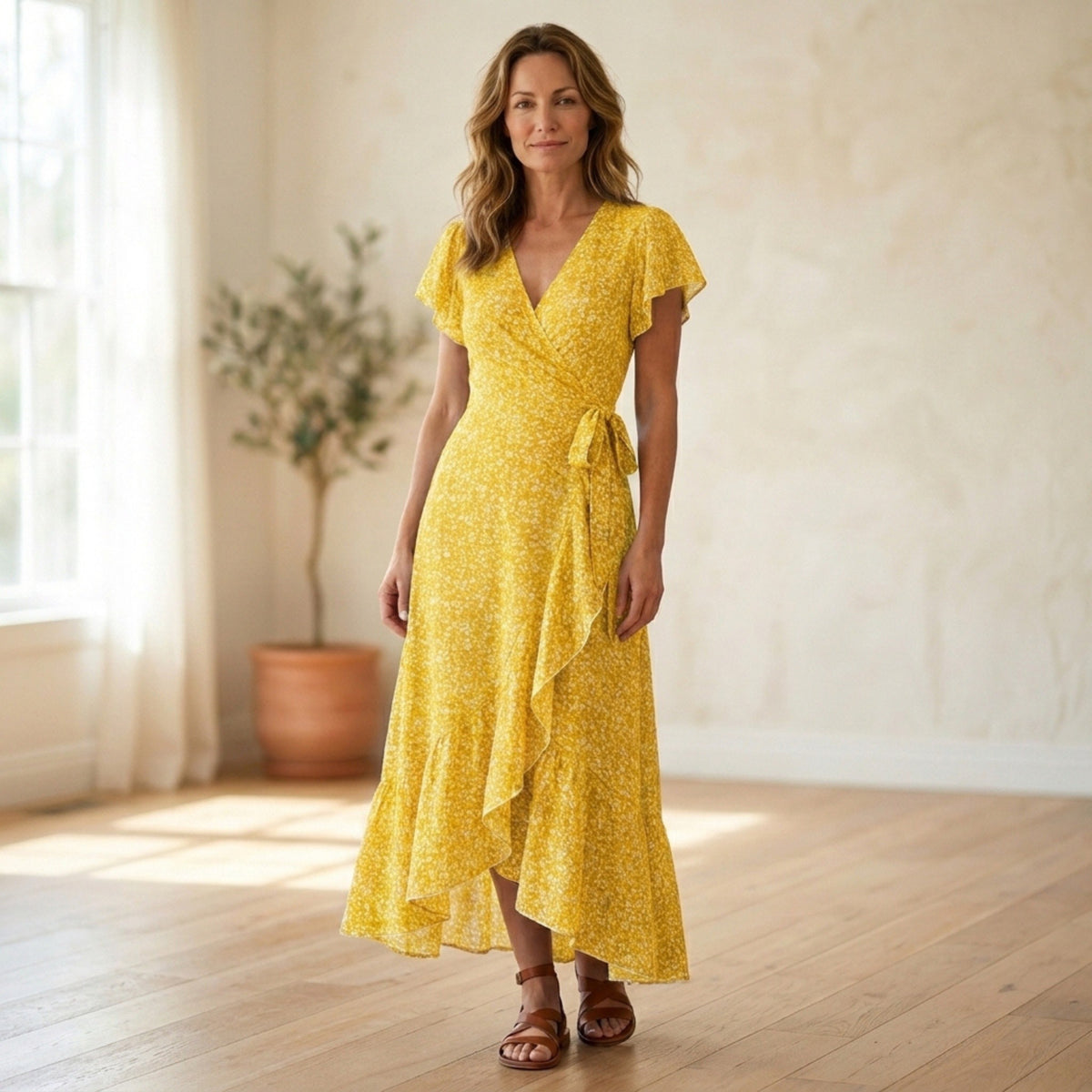 Robe midi florale pour femmes, style portefeuille élégant