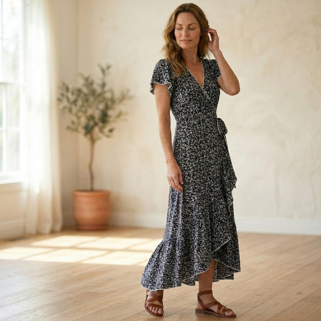 Women's Floral Midi Dress Elegant Wrap Style
